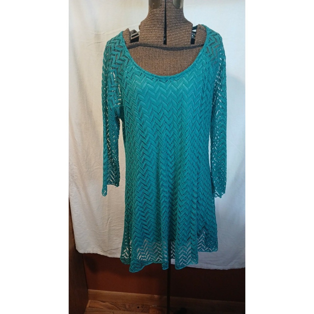 Cal Style USA Women 2XL Teal Green Chevron Crochet Lace Tunic Top T7827